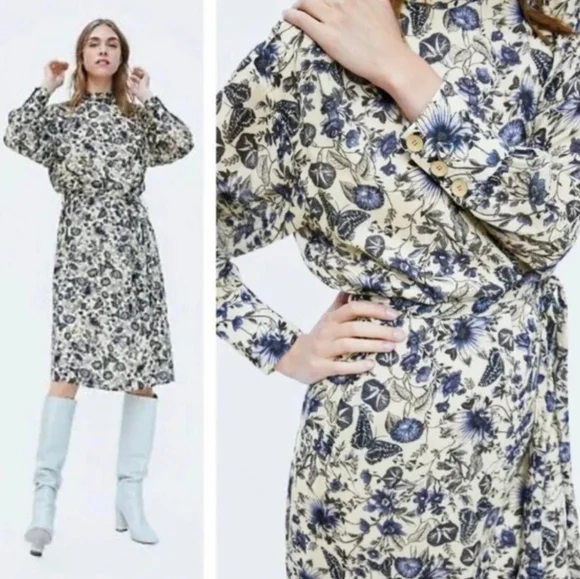 Zara Bohemian Floral Mockneck Belted Side Slits Midi Dress - Picture 2 of 12